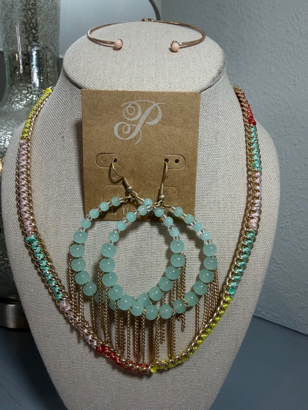 Plunder Sea Green Beaded Hoop Earrings with Gold Fringe & Choker Necklace